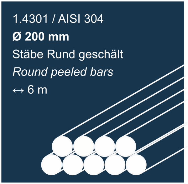 Edelstahlstäbe rund geschält aus 1.4301 (304), 200 mm Durchmesser, 6000 mm lang, auf dunkelblauem Hintergrund abgebildet